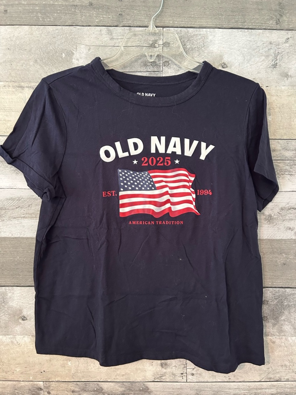 Old Navy Navy Blue T-Shirt with Red & White Flag Graphic